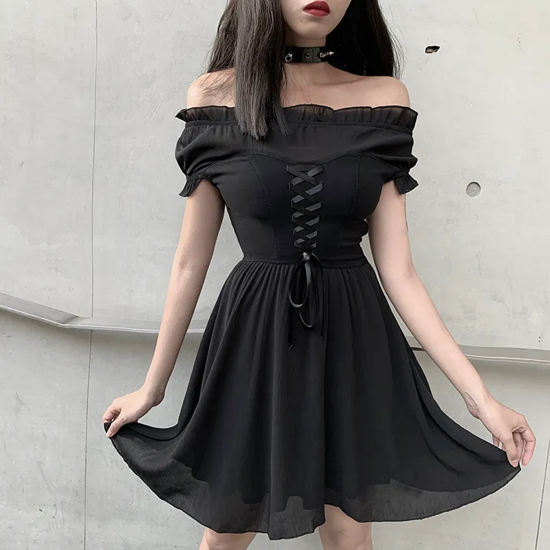 knee length dresses for ladies Spider Web Mesh Lolita Gothic Mini Dress, Black / M (Waist 66-74)