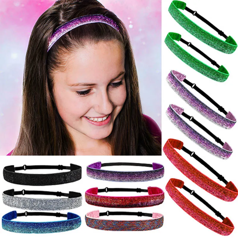 Stretch Headbands with Glitter Fabric for Girls and Women - Sparkly Headband Set with Elastic Cord and Velvet Lining
