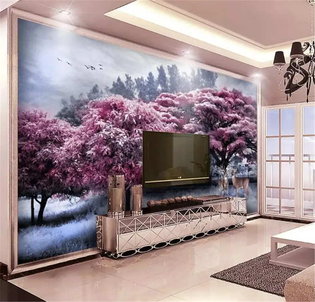 Aangepaste foto behang 3d mooi roze bos boom eland landschap woonkamer slaapkamer achtergrond wanddecoratie behang