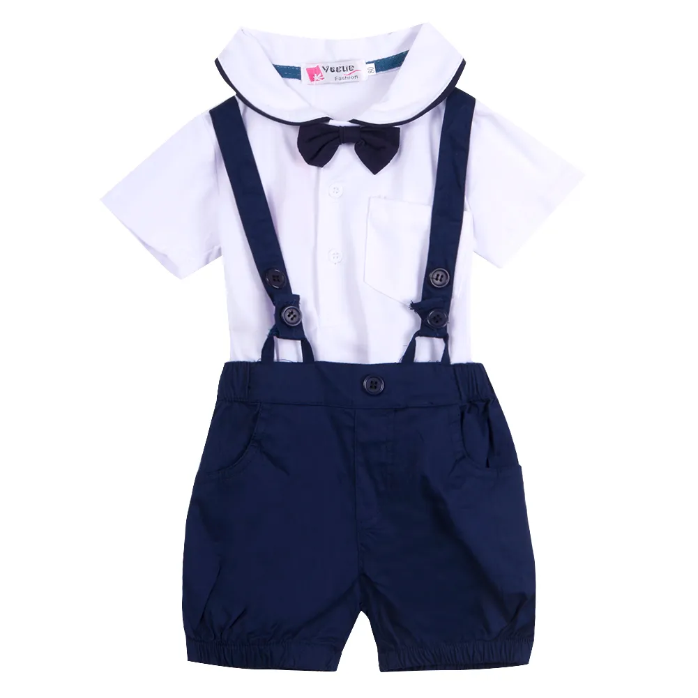 Newborn Baby Boy Girl Outfit Set Summer Short Sleeve Cotton Suit Children T-shirt Top + Overall Bib Pant + Bowknot Tie