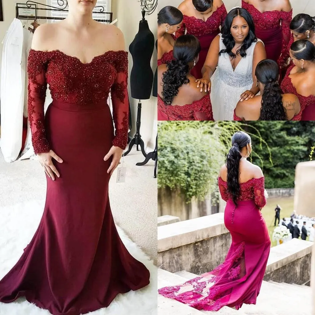 2019 New Borgogna Mermaid Abiti da damigella d'onore con spalle scoperte Maniche lunghe Appliques di pizzo Perline Abito da ospite per un matrimonio Abiti da damigella d'onore formale