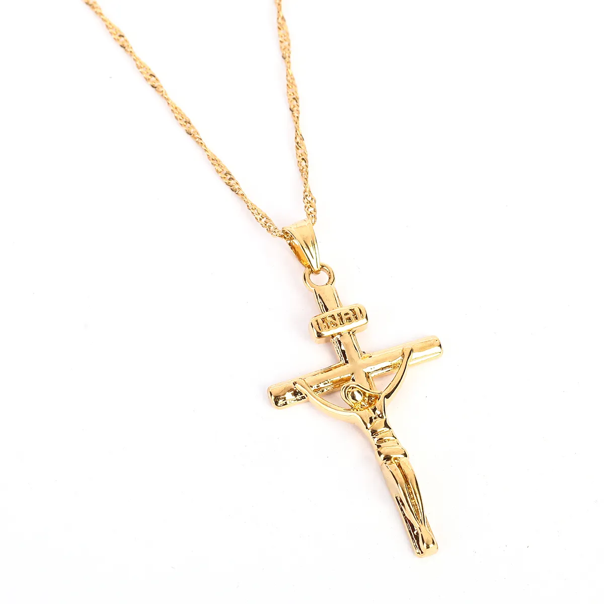 24K Gold Kolor Cross Chain Men Naszyjnik Crucifix Wisiant Women Jezus Yellow Film Biżuteria