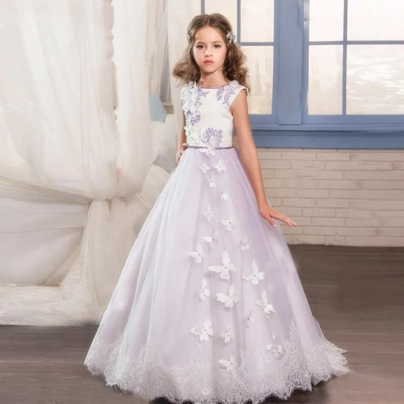 Güzel Katmanlar Ruffles Kızlar Pageant elbise Aplikler Boncuklu Kanat Orman Ülke Çiçek Kız Elbise