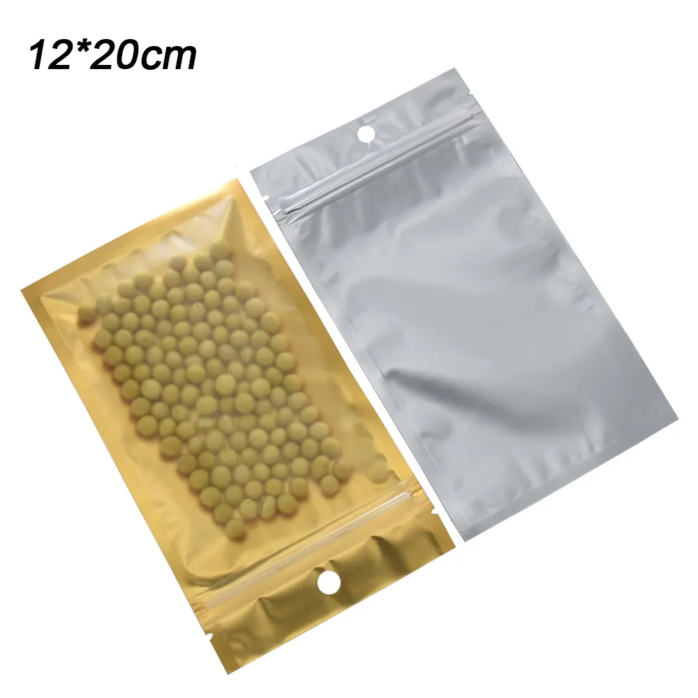 12*20cm Gold Zip Lock Plastic Package Pouch Matte Clear Silver Aluminum Foil Zipper Bags Self Seal Electronic Grocery Packaging Bag