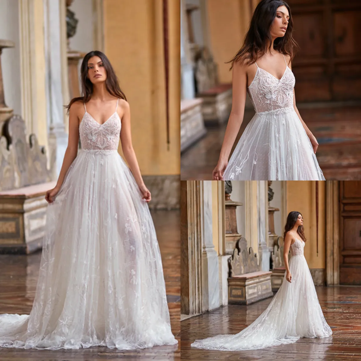 Gali Karten Plage Robes De Mariée En Dentelle Appliqued A-ligne Spaghetti Boho Robes De Mariée 2020 Balayage Train Sans Manches Robe De Mariée Bohème