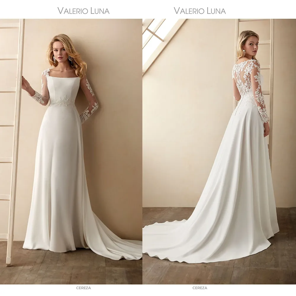 Bescheiden Elegant Valerio Luno A Line Trouwjurken Vierkante Lange Mouw Kant Applique Bruidsjurken Sweep Train Robe de Mariée