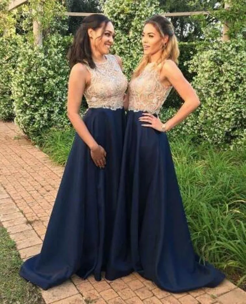 Navy Blue Beaded Sequin Top Bridesmaid Dresses with Jewel Neckline, Sheer Lace Bodice, and Satin Bottom - 2019 Formal A-Line Gown