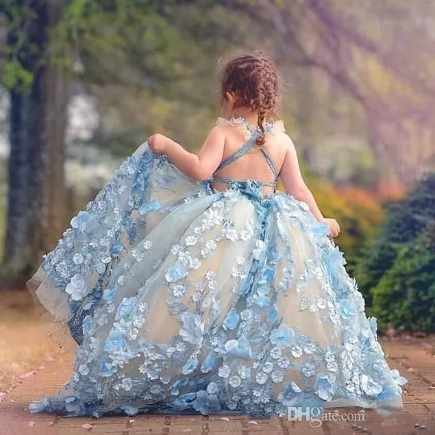 Bonito vestido de baile princesa vestidos da menina flor para o casamento 3d floral appliqued criança pageant vestidos até o chão plffy tule crianças 258r