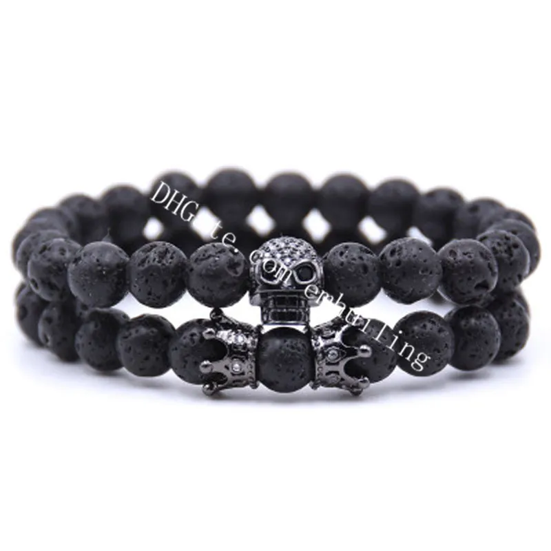 Her King His Queen Crown Skull Head Long Distance Relationship Bracelets for Couples Natural Lava Stone Volcanic Rock Matching Bracelet Set