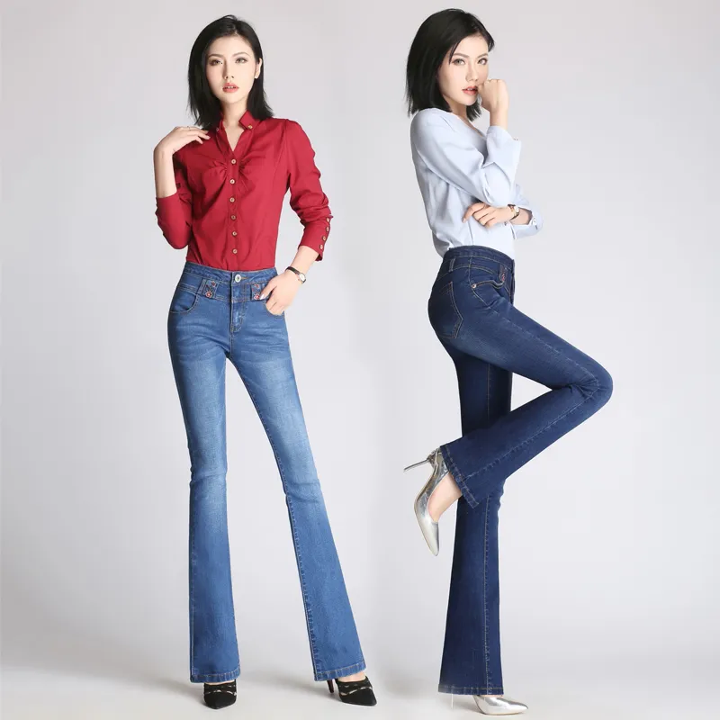 2019 Novas mulheres jeans queimaram a cintura alta elegante estilo retro sino inferior calça de jea