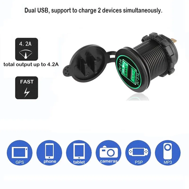 5V 4.2A Universal Car carregador impermeável porta USB dual 12-24V soquete para motocicleta de barco de ônibus