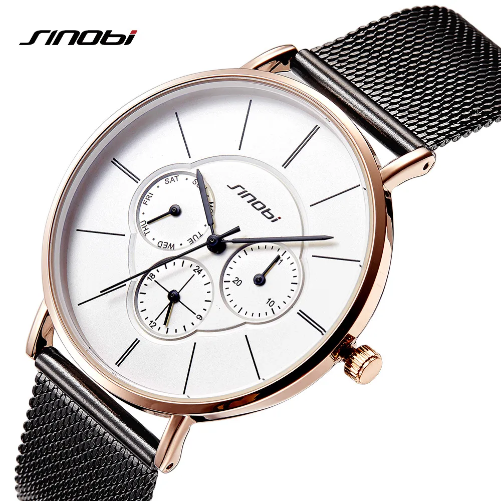 Sinobi Stylish Women Watches Golden Case Milan Mesh Casual Ladies Quartz Watch Gift Fashion Clock Calender Relogio Feminino286L