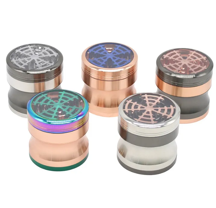 The latest Smoke grinder 63X62MM size transparent windmill cover waist reduction 3 rows of knife teeth 4 layers of metal zinc alloy cigarette smoking shre