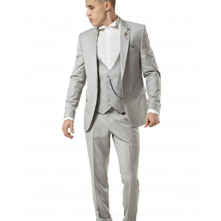 Beaux hommes d'honneur en argent Tuxedos de mariage Slim Fit One Button Groom Wear Notched Revers Formal Best Men Blazer Suits (Veste + Gilet + Pantalon)