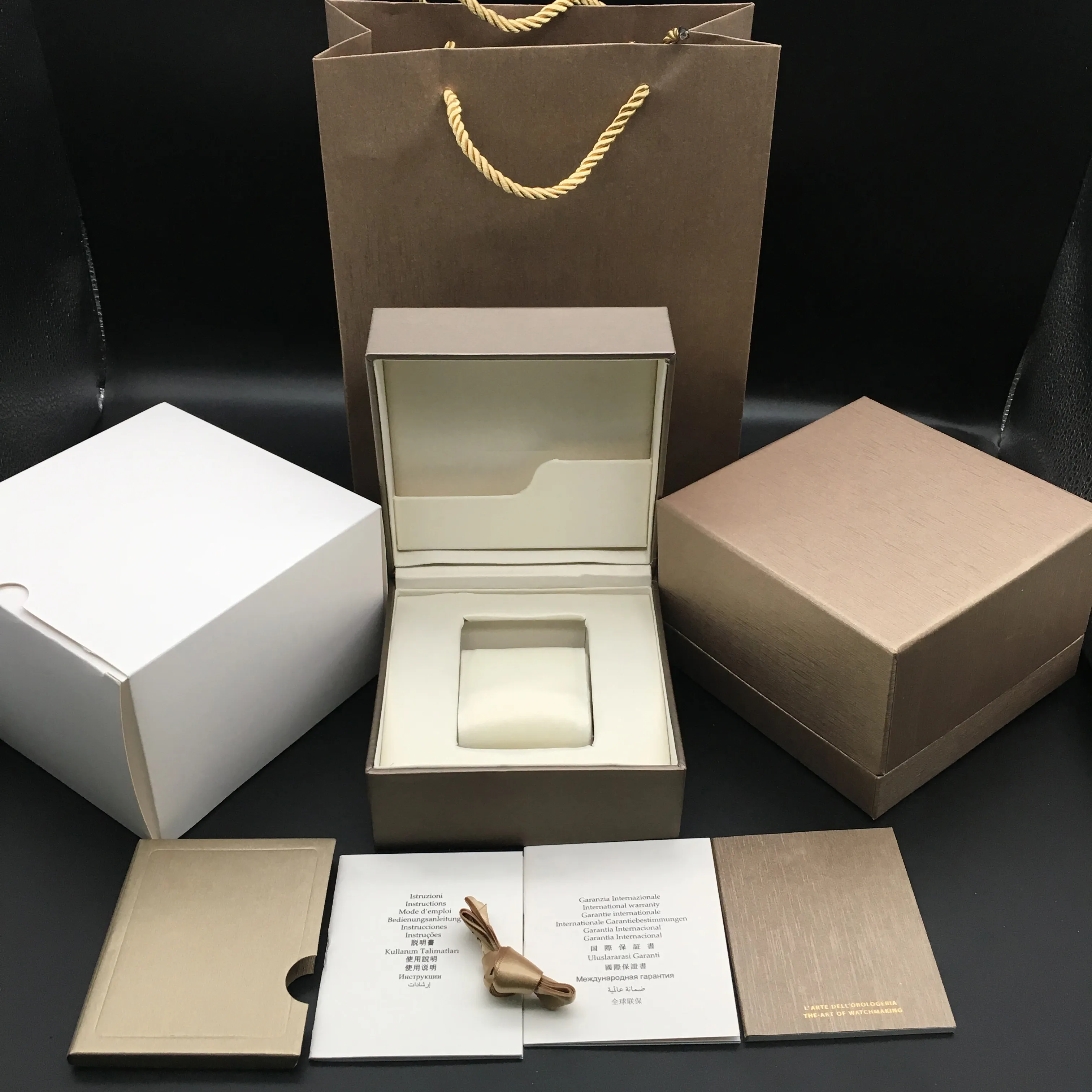 Scatola per orologi di carta quadrata di alta qualità, libretti, carta, sacchetto regalo in nastro di seta, custodia per scatole per orologi champagne
