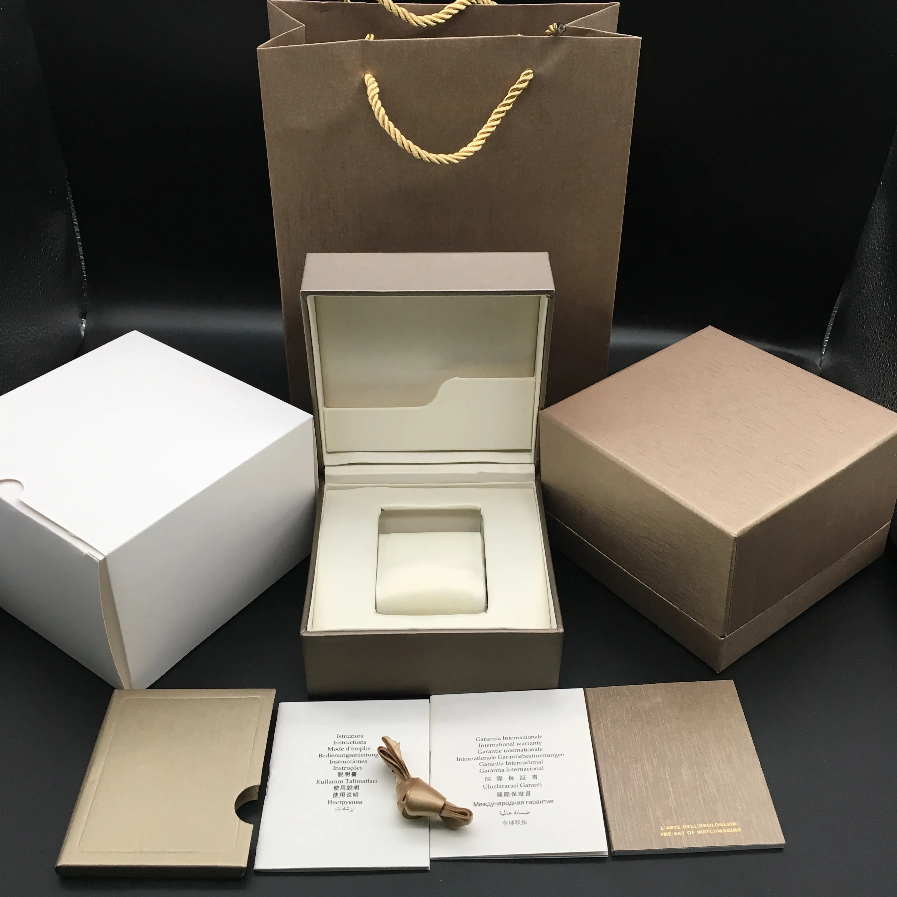 High Quality Square Paper Watch Box booklets Papers Silk Ribbon Gift Bag Champagne Watch Boxes Case