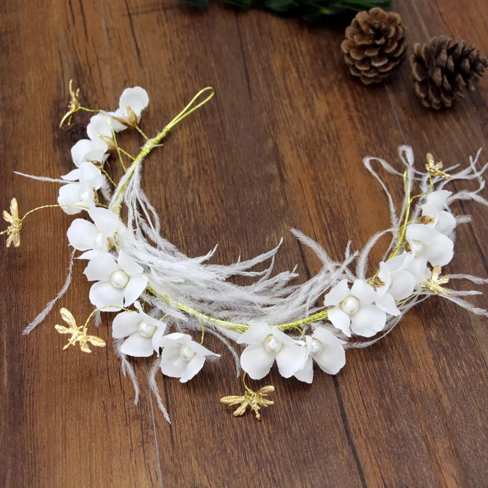 Fleurs blanches faites à la main coréennes avec couronne de plumes, diadème de mariée, accessoires pour cheveux