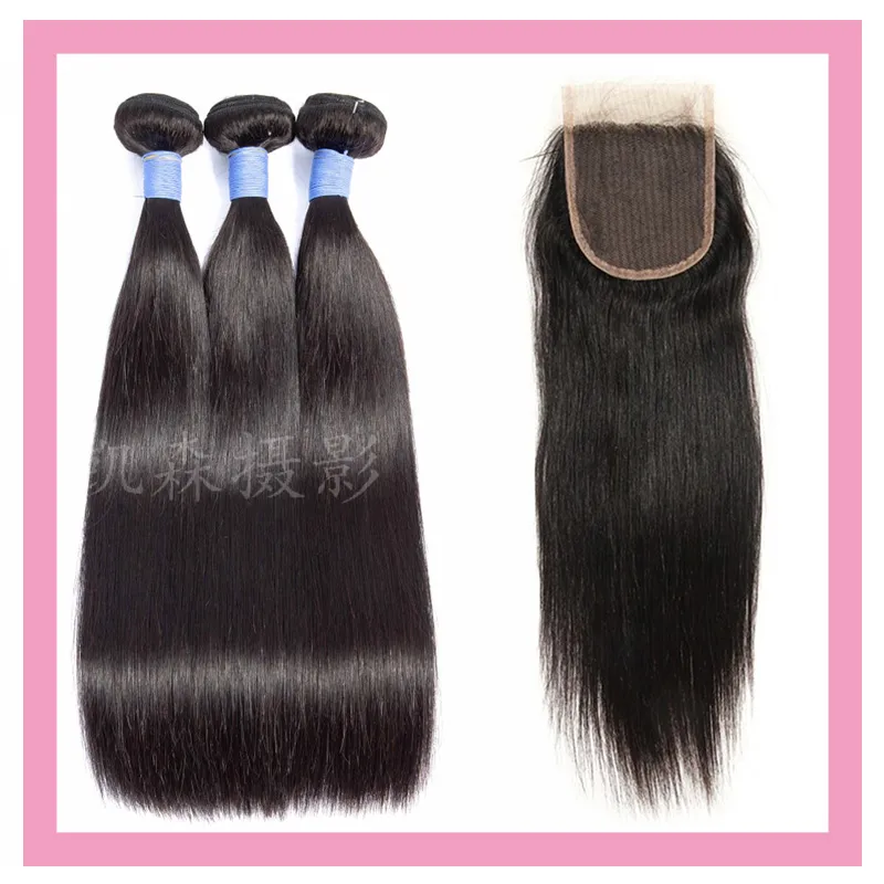 Бразильские девственные волосы, шелковистые прямые 3 пучка с кружевной застежкой 4X4, оптовая продажа, детские волосы, натуральный цвет