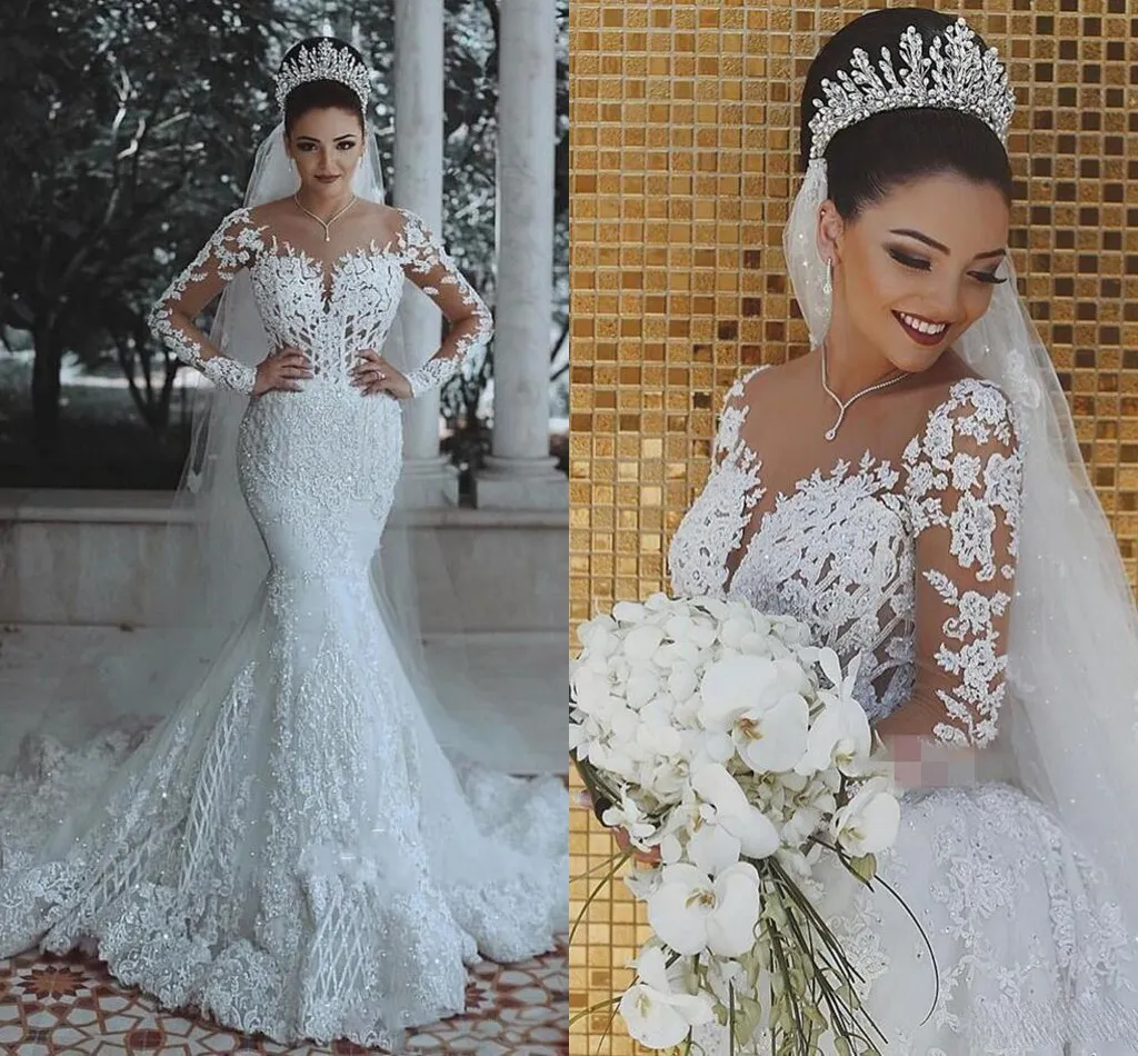 African Women Mermaid Wedding Dresses Luxury 2019 Illusion Long Sleeve Nigerian Lace Beaded Sequin Crystal Sheer Neckline Bridal Gowns