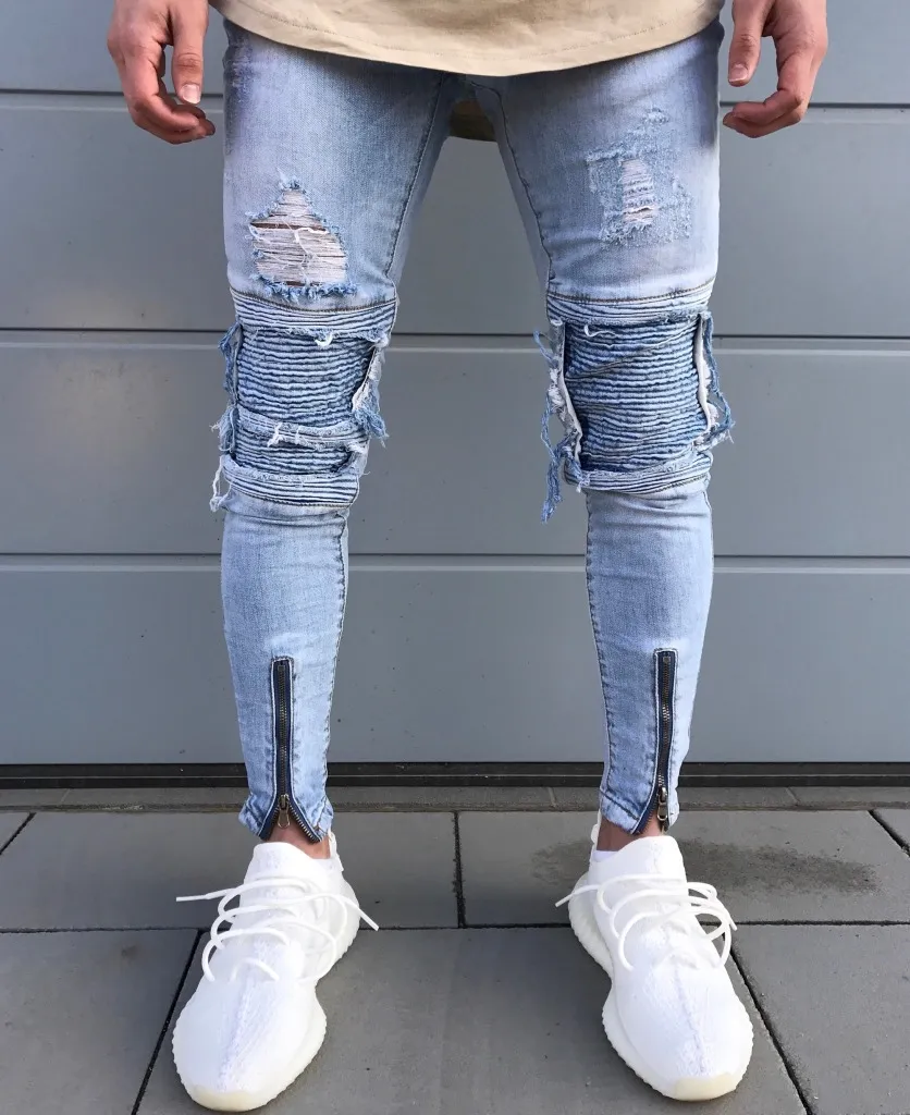 Homens skinny jeans design moda magro hiphop motociclista strech ankle zíper plissado jeans de denim para homens