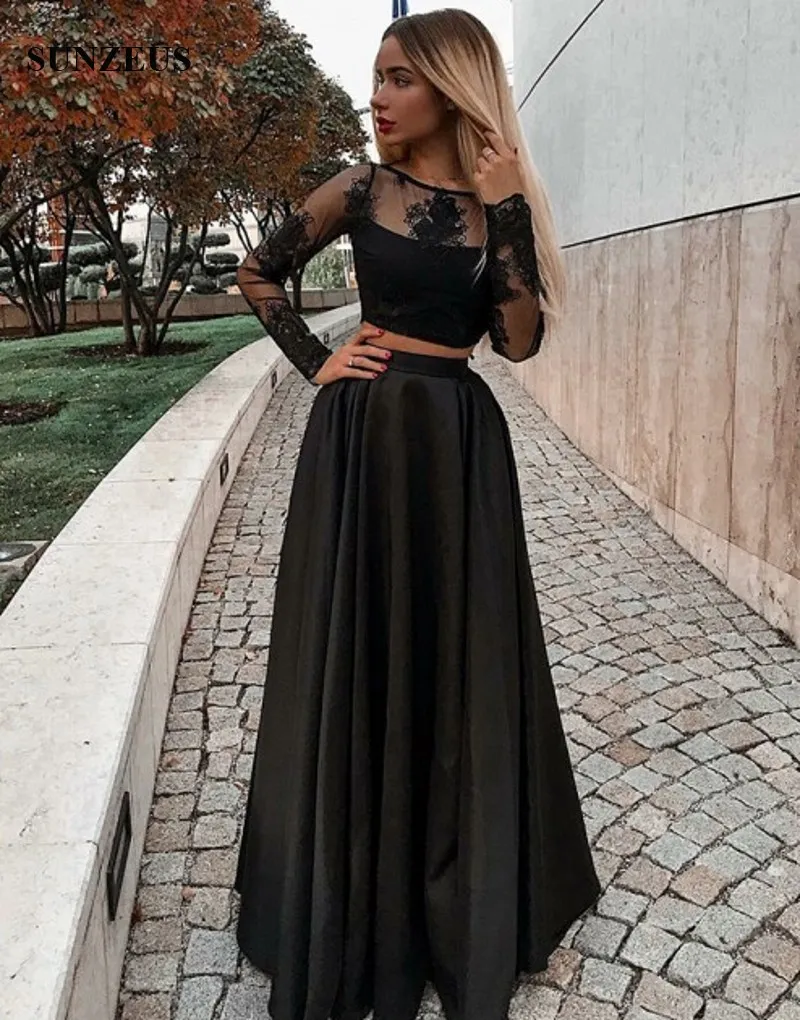 Vestidos De Fiesta Negros De Piezas Con Mangas Largas Apliques Vestidos De Fiesta Para Niñas De Arriba Vestidos De Graduación De Satén Largos 121,19 € | DHgate