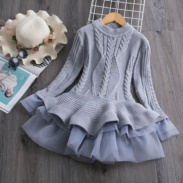 Nya Baby Girls Sweater Klänning Kids Tutu Lace Tulle Kjol Långärmad Peplum Ruffles Pullovers Sweater Klänning W411