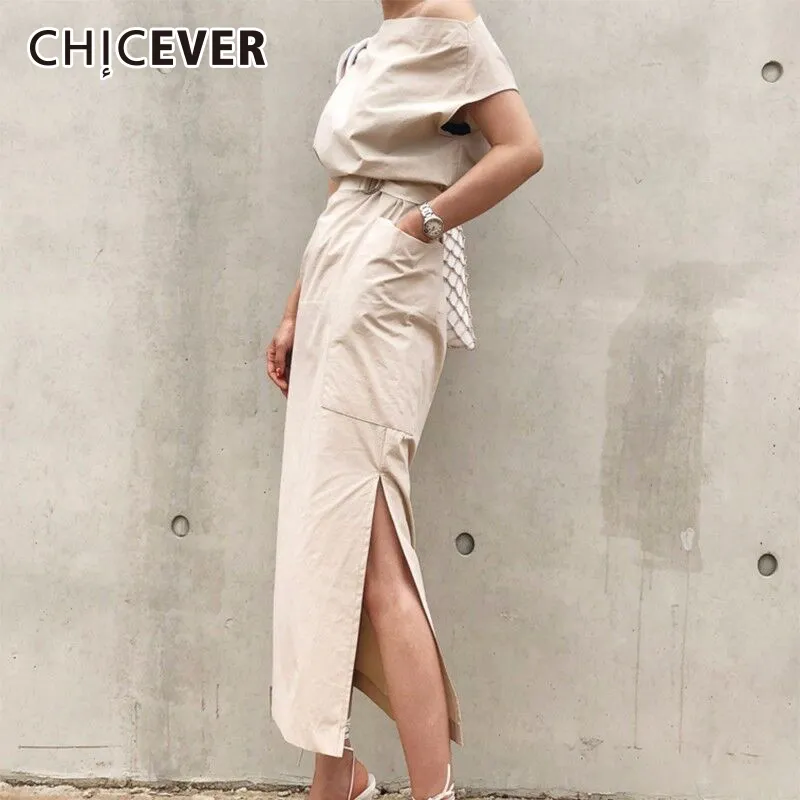 Chicever 2018 Sommarklänning för kvinnor Sexig Slash Neck Big Pocket Waist Lace Up Hem Split Slim Dresses Kvinna Koreansk Fashion Tide Gmx190708