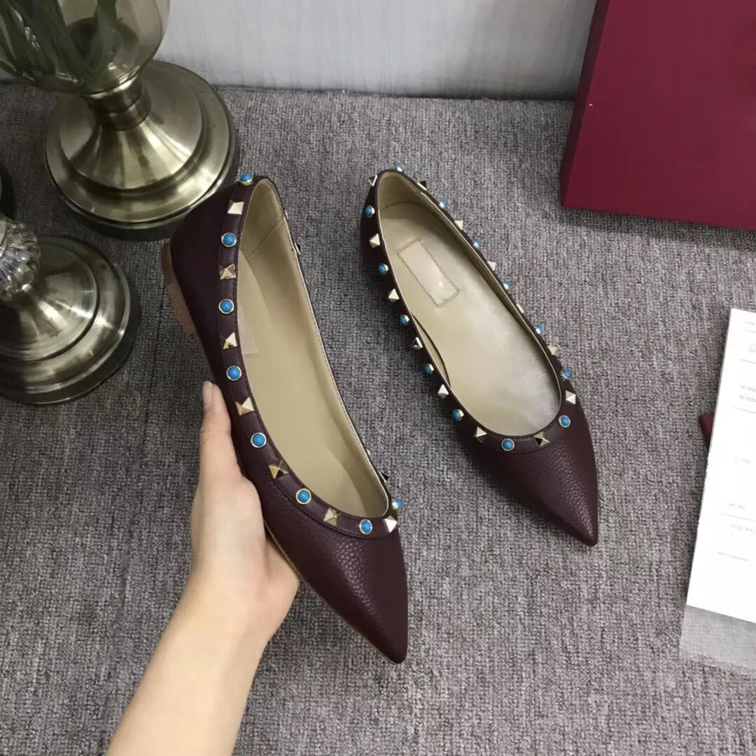 Hot Sale-stud ballerina flats blue black nude red yellow rose pink designer runway classic fashion womens