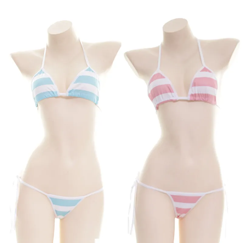 Sexy kawaii Lingerie Women Stripe Set Bra &T-back G-string Panties Bows Tie Bikin Cute Anime cosplay Loli school girl Shimapan252A