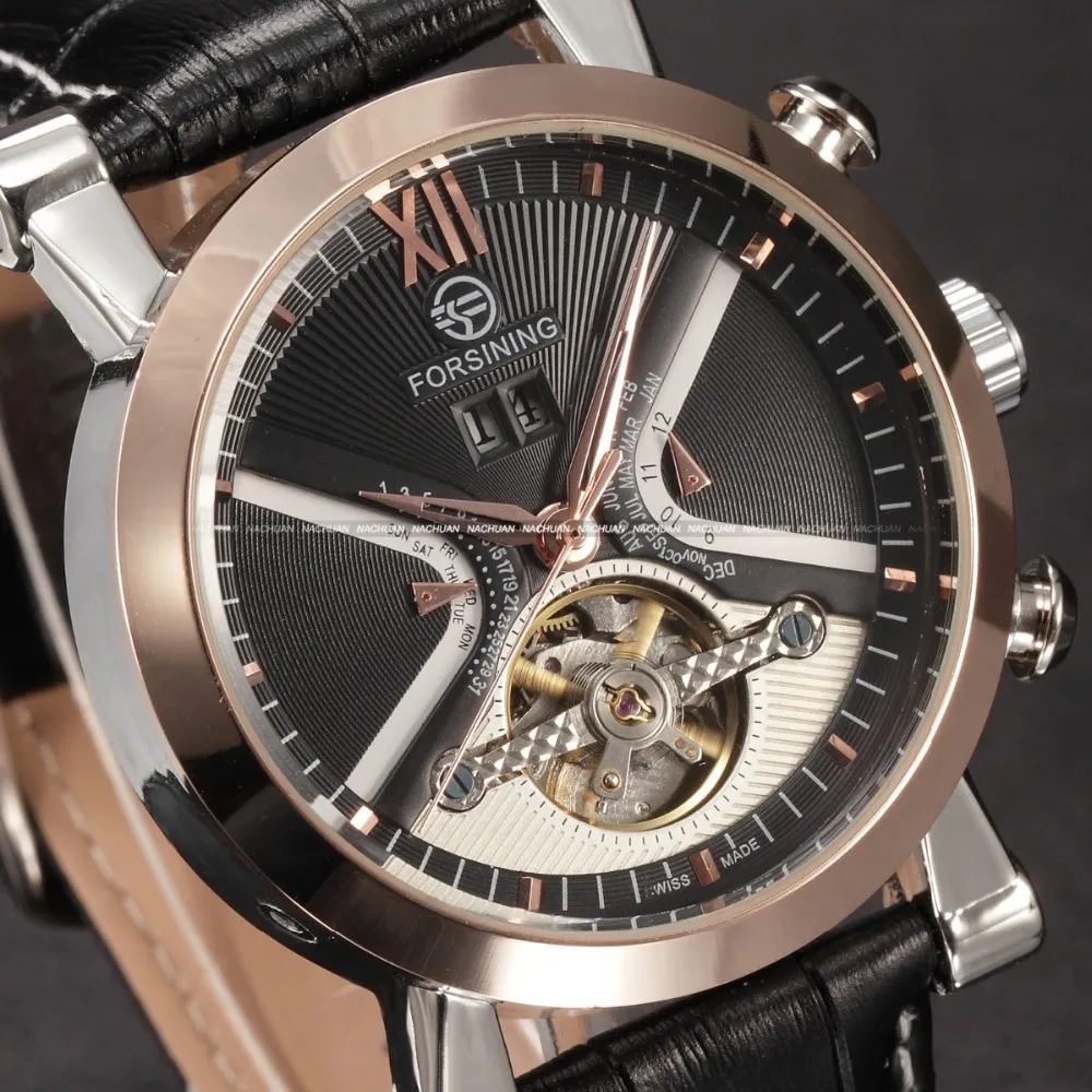 Forsining Tourbillion Reloj Clasico Diseno Calendario Pantalla Bisel Dorado Reloj Automatico De Cuero Genuino Relojes Para Hombre Marca Superior Lu1991 9 218 DHgate