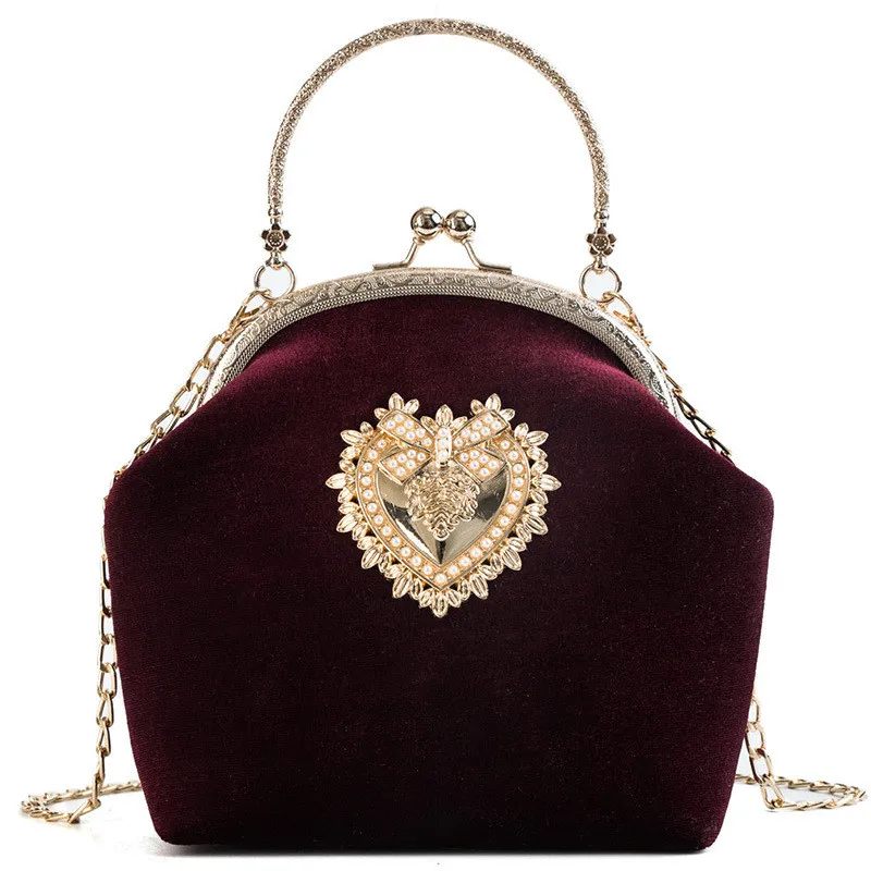 Żeńska aksamitna perła torebka na ramiona torby krzyżowe Vintage Velor Heart Design Evenor Wedding Party Bride Clutch Worka Purse2290