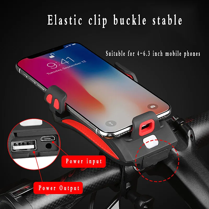 Support de téléphone portable de vélo multifonctionnel 4 en 1, phare de vélo, chargement de téléphone portable, trésor, klaxon de vélo