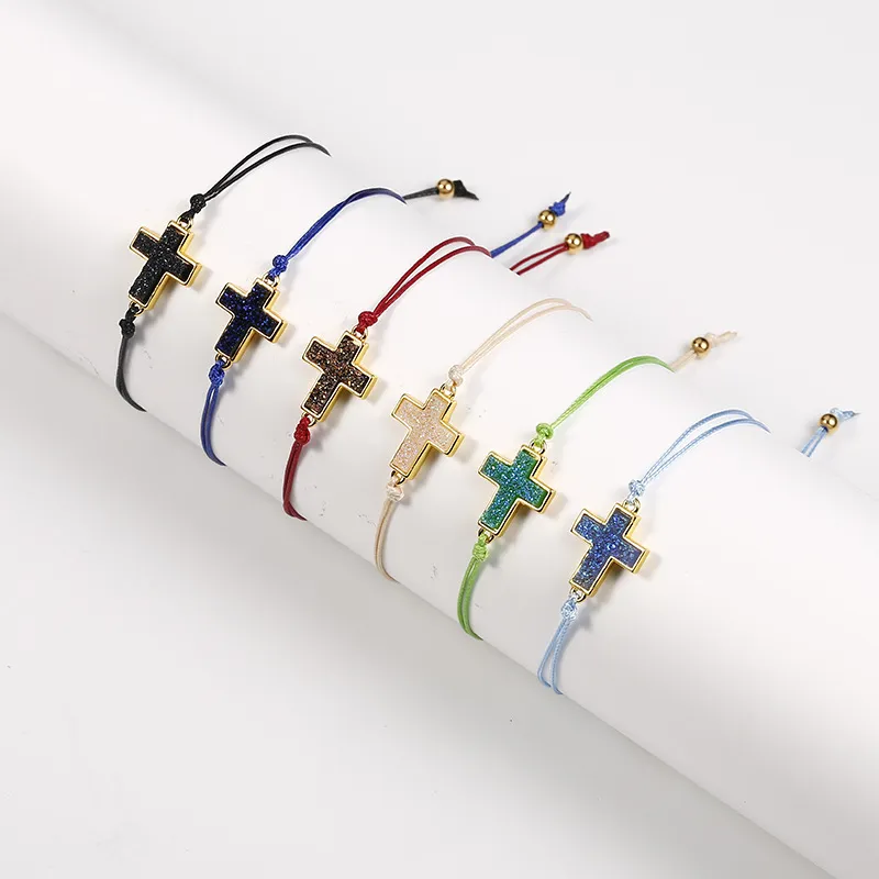 Bracelets en perles de résine Druzy, corde faite à la main, croix en pierre, breloque colorée réglable pour femmes et hommes, bijoux d'amoureux d'amitié