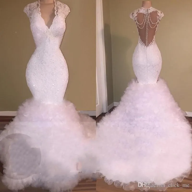 Robes de mariée sirène blanche avec col en V dentelle appliques cristal perlé sexy dos transparent robes de mariée robe de soirée de mariage gonflée