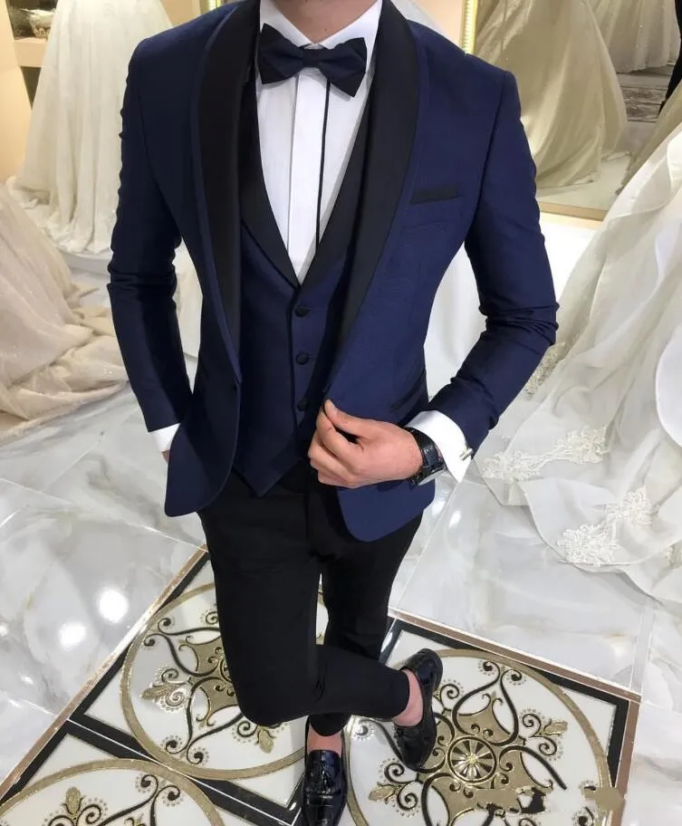 Navy Blue Formal Wedding Men Suits Shawl Lapel New Three Piece Custom Made Business Groom Tuxedos (Jacket+Pants+Vest+Tie) W921