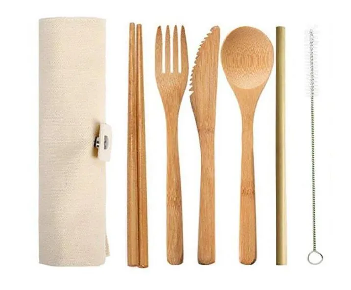 Bambù naturale Viaggi coltelleria Il kit include Coltello, Forchetta, cucchiaio, Paglia e spazzola di pulizia per Camping Ufficio pranzo SN38