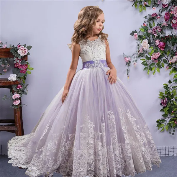Çiçek Kız Elbise Zarif Jewel Pageant Elbiseler Aplikler Boncuk Bow Balo İlk Communion elbise Kız Çocuklar için Akşam elbise