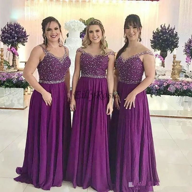 New Grape Purple A Line Bridesmaid Dresses Sequins Beading Rhinestones Chiffon Floor Length Maid of Honor Dress for Wedding Party Custom