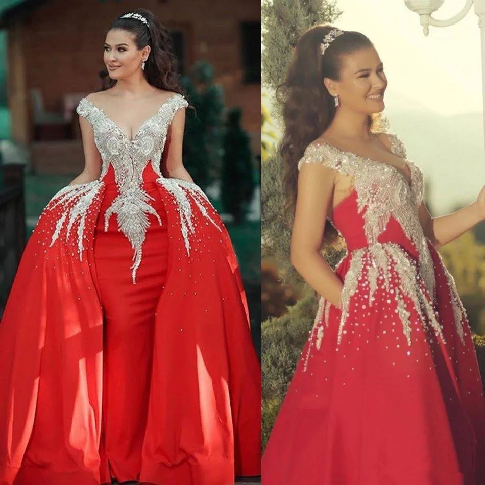 Gorgeous Beading Red Mermaid Prom Dresses With Detachable Train V Neck Crystal Party Gowns Turkish Vestidos Formal Dress Evening Wear