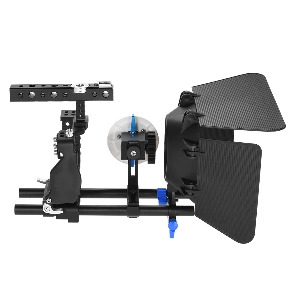 Professional Camera Video Cage Kit Kit Kit Kit Chille System W / 15 мм стержень Подписаться Фокус FF Matte Box для Sony A6000 A6300 A6500