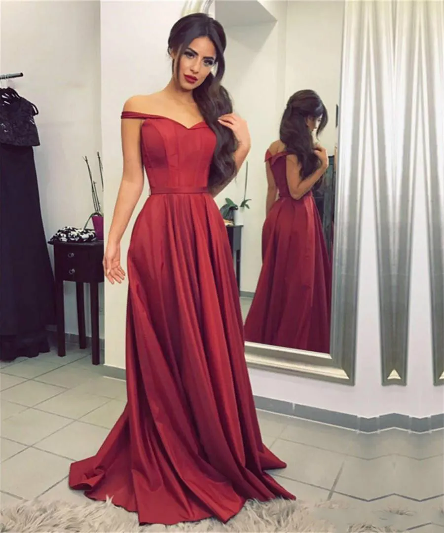 Simple Bourgondië Prom Dresses Off The Shoulder Sweet 16 Graduation Jurk A Line Lange Avond Feestjurken Satijn Pageant Jurken Robe de Soirée