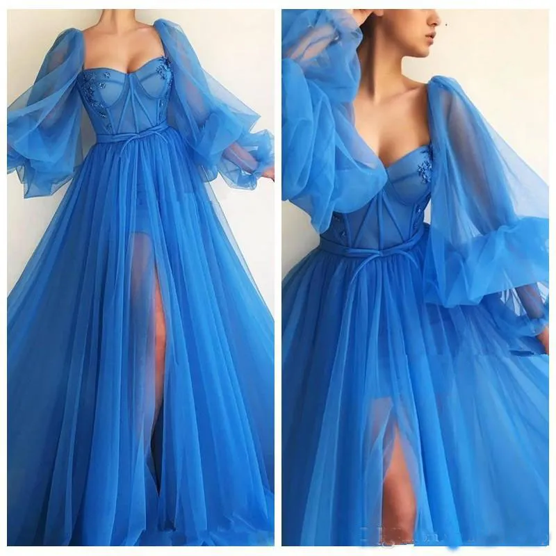 2020 Sheer Długie rękawy A-Line Prom Dresses Split Sexy Princess Evening Party Suknie Dostosowane Robe de Soiree