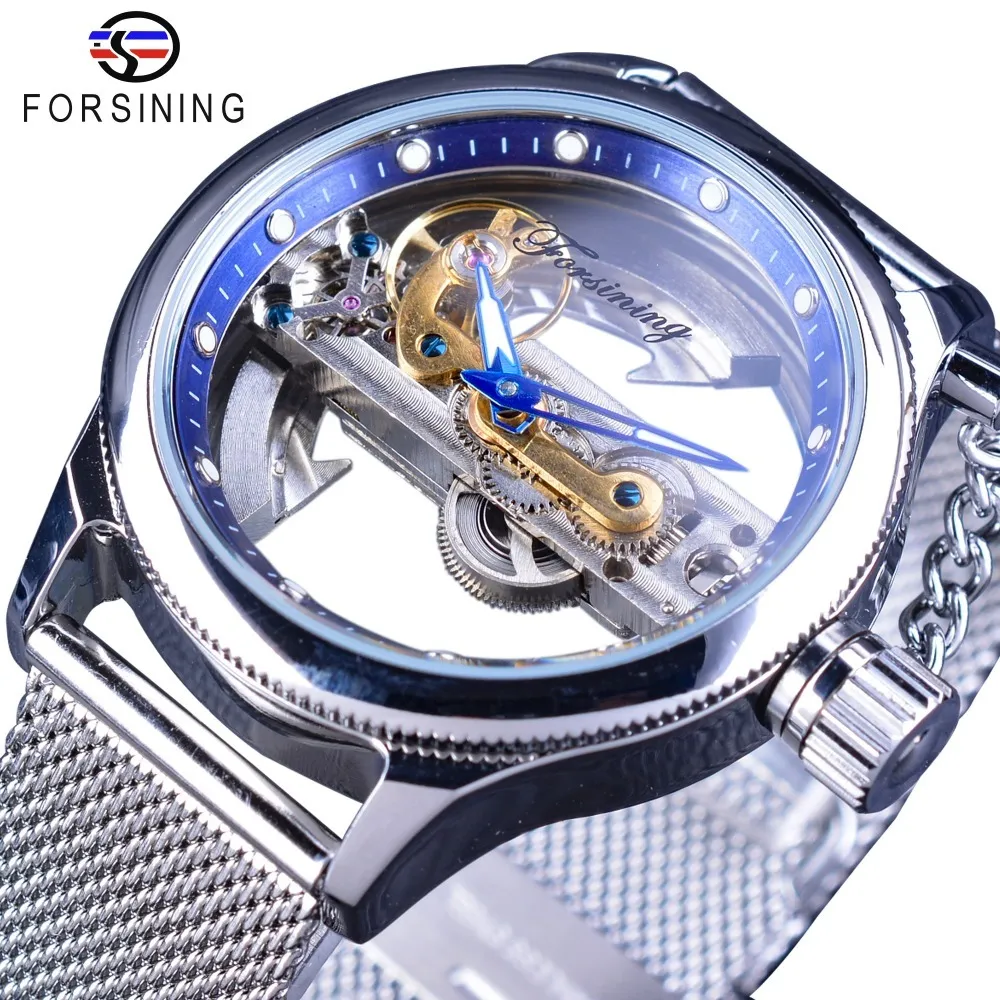 青い海の不思議なアップルメッシュバンドの両面透明な創造的なスケルトンウォッチトップブランドの贅沢な自動時計