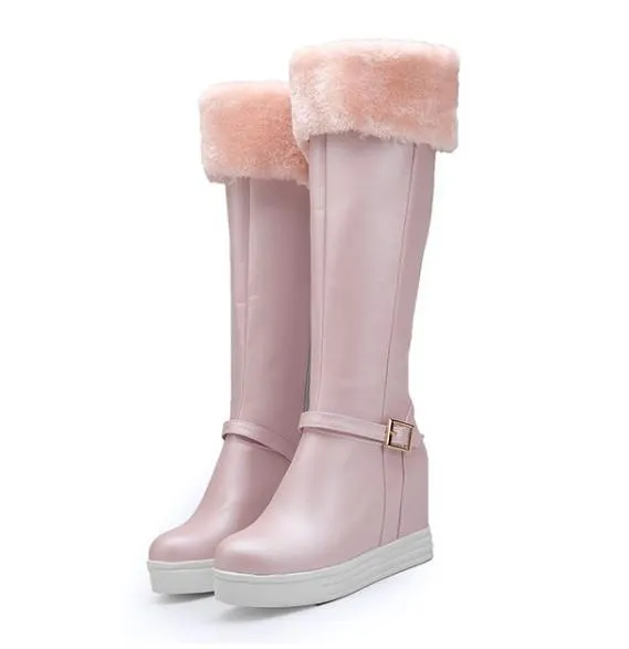 Plus size 33 to 42 43 Luxury Fur Winter Boots Platform Wedge Knee High Bootie White Pink Black 7CM