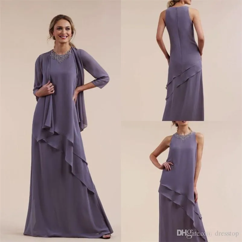 Mãe Lavender elegante dos vestidos de noiva Com Convidado de Casamento vestido de noite vestidos de jaqueta até o chão Lace Jewel Neck das Mães