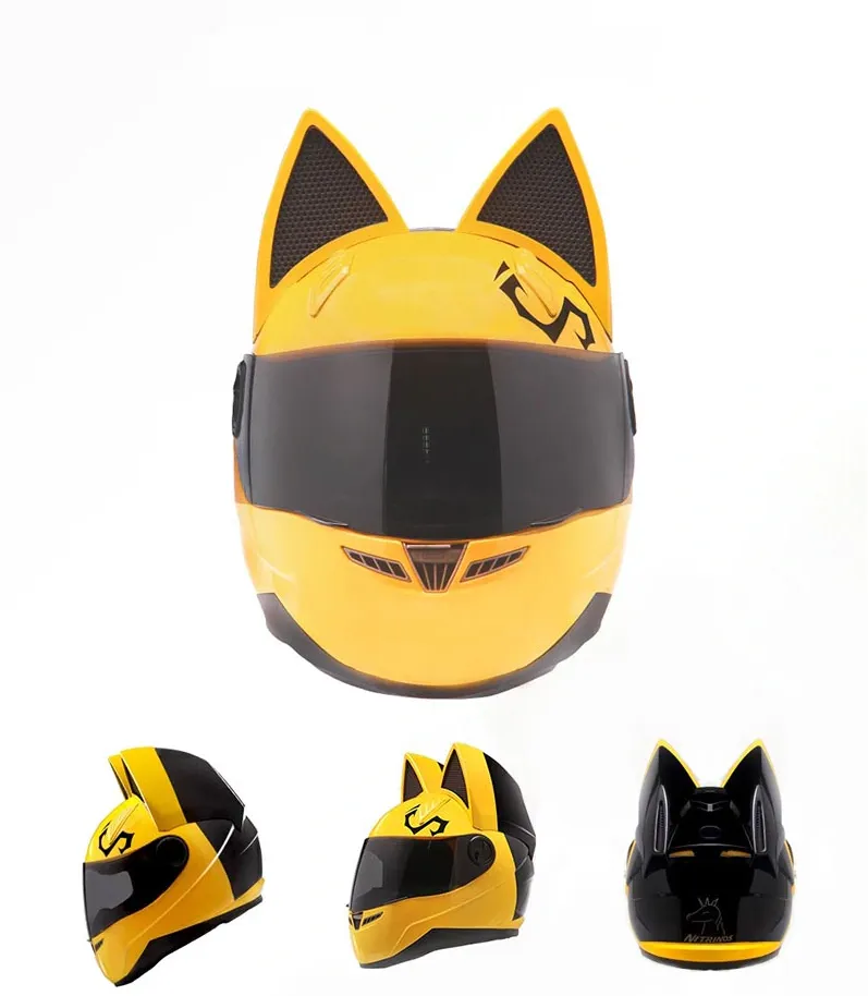 NITRINOS motorhelm volledig gezicht met kattenoren gele kleur Persoonlijkheid Kat Helm Mode Motorhelm maat M LXL XXL9513018