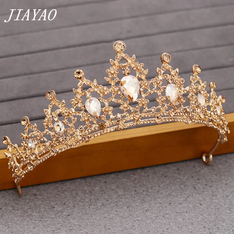 Champagne Gold Color Crystal Rhinestone Crown en Tiara Wedding Bruids Haaraccessoires Hoofddeksel Prinses Meisje Verjaardagskroon