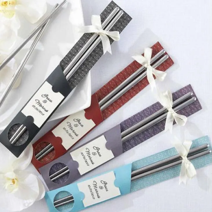 100 paires/lot expédition rapide nouvelles baguettes en acier inoxydable vaisselle chop stick faveurs de mariage cadeau avec emballage de détail LX1349