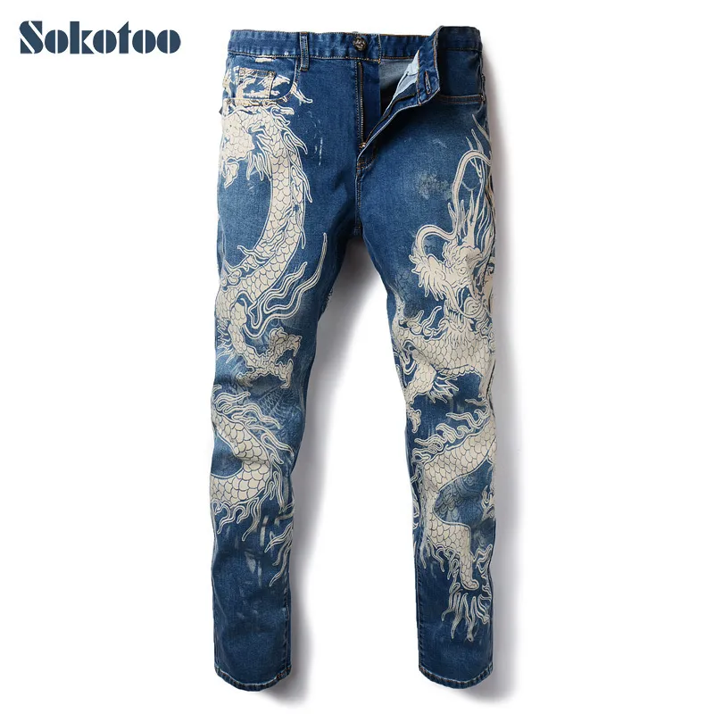 Sokotoo Hommes Mode Dragon Imprimer Jeans Mâle Couleur Dessin Peint Slim Denim Pantalon Élastique Noir Long Pantalon Y19072301