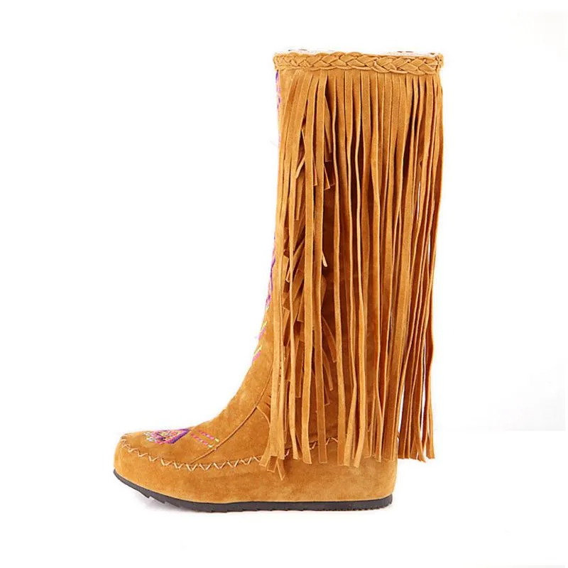 Heißer Verkauf- Mode chinesische Nation-Art-Flock-Leder-Frauen Fringe hinzufügen Plüsch Stiefel hoch Frau Quaste kniehohe Stiefel BIG Größe 48